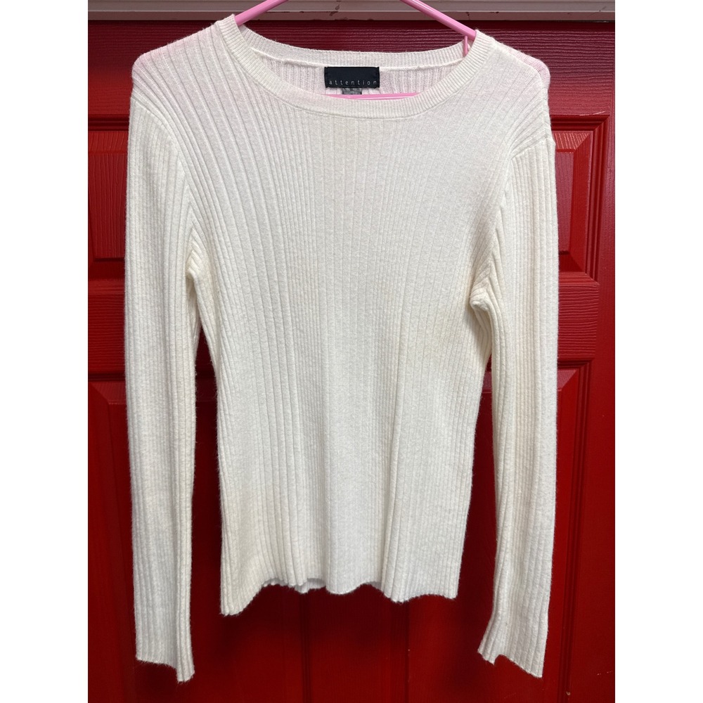 Attention Womens Ribbed Knit Sweater Cream White Crew Neck Long Sleeve Size M